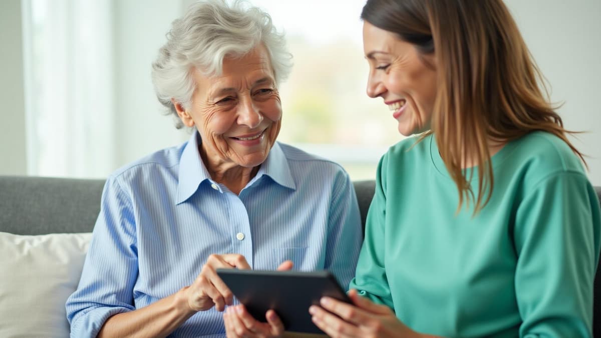 Elderly person using cognitive training app with caregiver support
